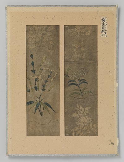 Two Textile Fragments on a Sheet, Embroidery and Print on Silk by Anonymous