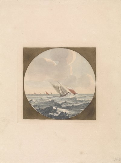 Two Sailing Ships at Sea and a City on the Coast (Schepen op zee, serie B) by Anonymous
