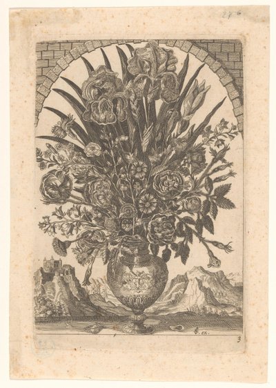 Vase with Flowers and Mountain Landscape, Vases with Flowers (series title) by Anonymous