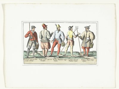 Four Farmers Dressed According to the Current Fashion and One in the Old Fashion, ca. 1580 by Anonymous