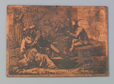 Couple Embracing and Farmers Sitting Around a Barrel by Anonymous