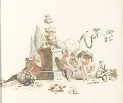Woman and Boy with a Basket of Flowers at the Foot of a Monument by Anonymous