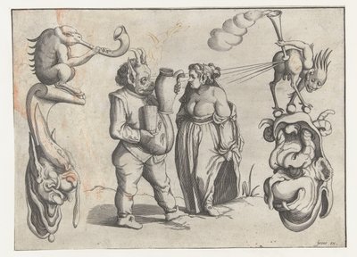 Woman and male monster with jug and cup (series title: Grotesque Figures Surrounded by a Frame Line) by Anonymous