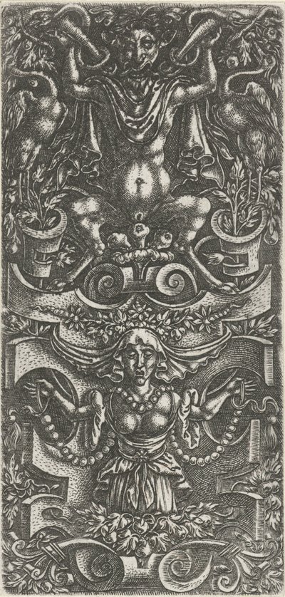 Woman with a Headscarf and a Garland of Beads in Front of a Rollwork Construction (Flat Decorations with Grotesques in Rollwork) by Anonymous