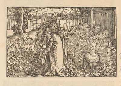 Woman with a Peacock Looking at Herself in a Hand Mirror by Anonymous