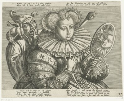 Woman with Mirror and Jester: Satire on the Expensive Stiff Ruffled Collar, ca. 1600 by Anonymous
