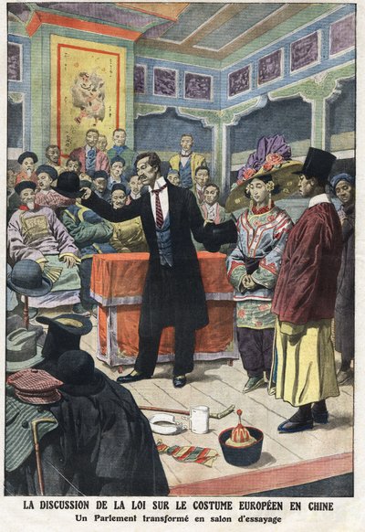 A discussion session at the Chinese parliament on the new law on European clothing in China, one of the parliamentarians presents a Western costume, with top hats and melon. Illustration taken from Le Petite Journal 15/09/1912 Private collection by Anonymous Anonymous