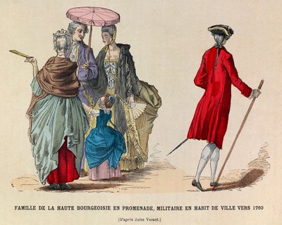 A High Bourgeoisie Family Walking and a Soldier in Town Dress in 1760 (Reign of King Louis XV) - Private Collection by Anonymous Anonymous
