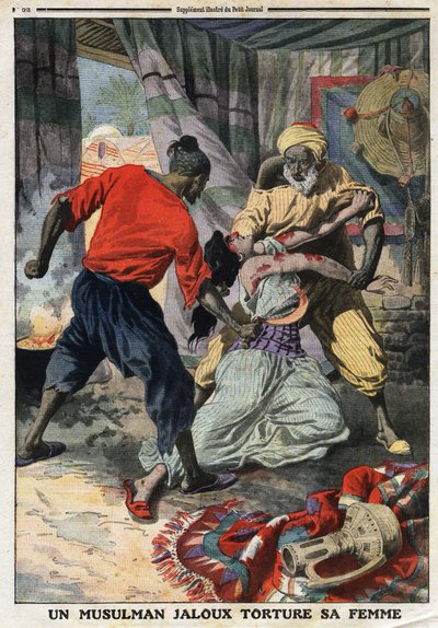 A jealous Muslim tortures his wife: a woman beaten in the department of Constantine in Algeria. Engraving in Le Petite Journal, on the 28/01/1912. Private collection by Anonymous Anonymous