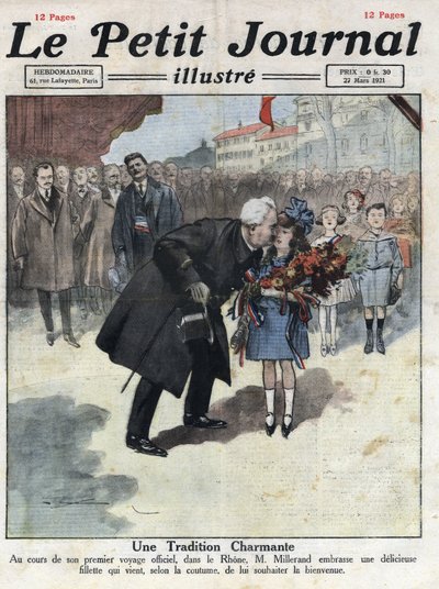 A little girl offers a bouquet in tricolour colours to the President of the Republic Alexandre Millerand during one of his displacements in the Rhone. Illustration taken from 