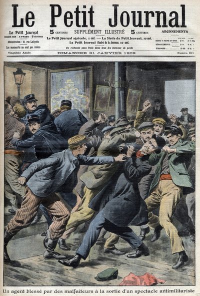 A policeman injured during antimilitarist show in Aubervilliers, frontpage of newspaper Petit Journal January 31 by Anonymous Anonymous