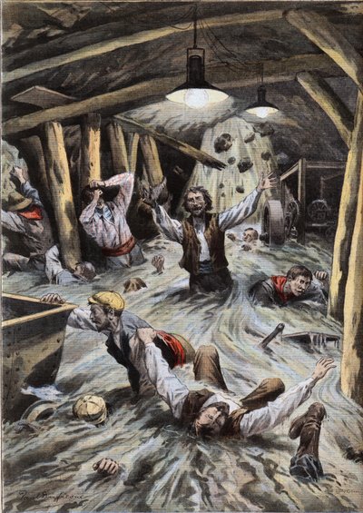 A river invades the Loetschberg tunnel in Switzerland during construction - Engraving from the newspaper 