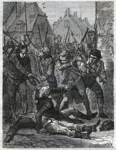 A Scene During the French Revolution: Theobald de Dillon and a Genie Officer Named Berthois, Massacred by the Soldiers and People of Lille. Engraving from 1866 in 
