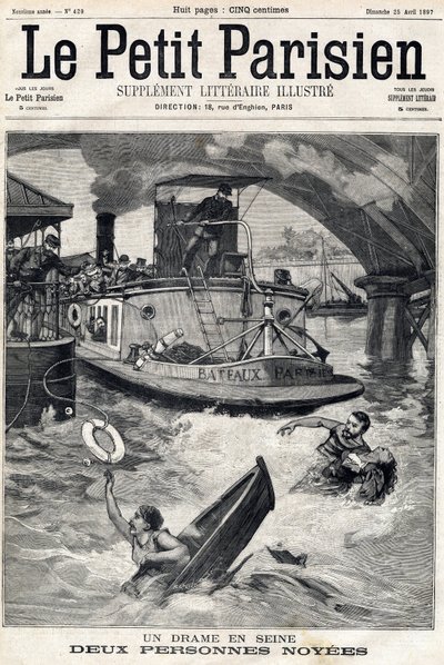 Accident in the Seine: two people in a drowned boat. In Le Petit Parisien on 25/04/1897 by Anonymous Anonymous