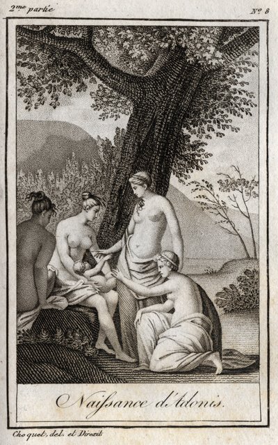 Adonis is born. Engraving from 1819 in 