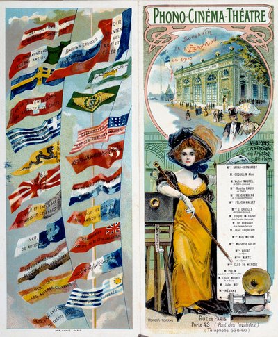Advertising: Phono - cinema - theatre: see and hear famous artists. Chromolithography published at the 1900 World Exhibition with the flags of different countries by Anonymous Anonymous