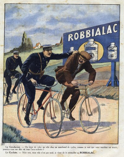 Advertising for Robbialac paint: police officers accuse a cyclist of stealing his bike because he looks new thanks to Robbialac paint. Engraving in Le petit journal illustré by Anonymous Anonymous