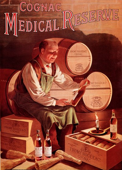 Advertising poster for the cognac Fromy, Rogee and Cie: medical reserve. A man in his wine cellar looks at a bottle of cognac with pleasure. Anonymous illustration. Early 20th century by Anonymous Anonymous