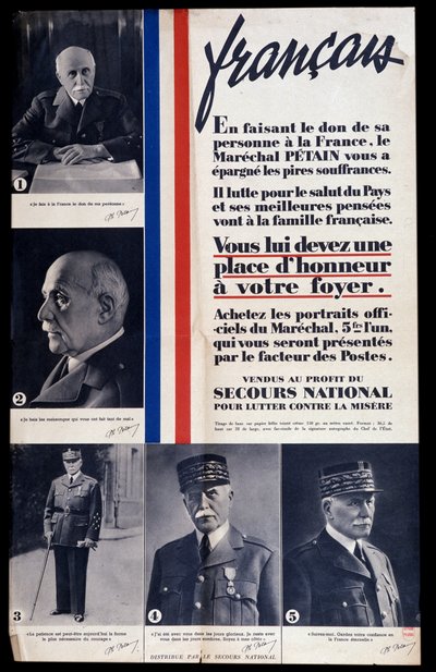 Advertising poster for the sale of portraits of Marshal Philippe Petain during the Second World War and praising Petain (sold for the benefit of national relief to combat poverty) by Anonymous Anonymous