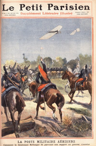 Air military post: how Lieutenant Georges Bellenger sent his report to General Meunier. In Le Petit Parisien on 2/10/1910 (engraving) by Anonymous Anonymous