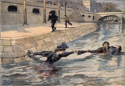 An ingenious rescue: near the bridge of the Holy Father, a woman having precipitated in the seine is saved by a man who helped another woman. Engraving from the newspaper 