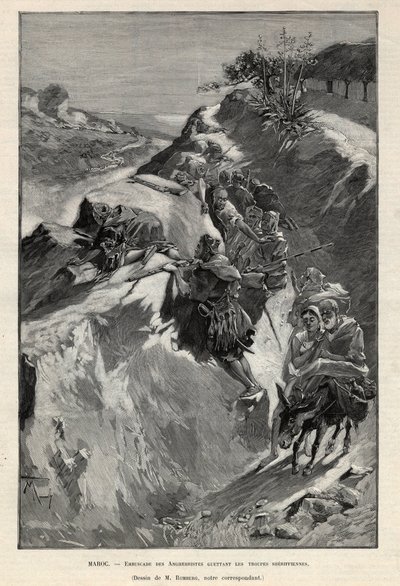 Andjera mountain insurrection in Morocco: ambush of Angherrists waiting for Sheriffian troops. Engraving in Le monde illustree of 1892. Private collection by Anonymous Anonymous