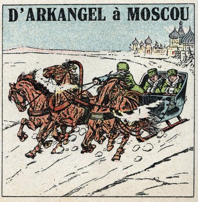 Animal pulling: from Arkangel to Moscow. A troika in Russia. Anonymous illustration from 1925. Private collection. by Anonymous Anonymous
