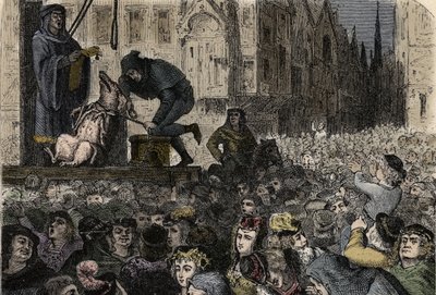 Animal trials in the Middle Ages - Execution of the infanticide sow of Falaise - engraving from 