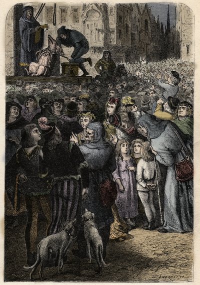 Animal trials in the Middle Ages - Execution of the infanticide sow of Falaise - engraving from 