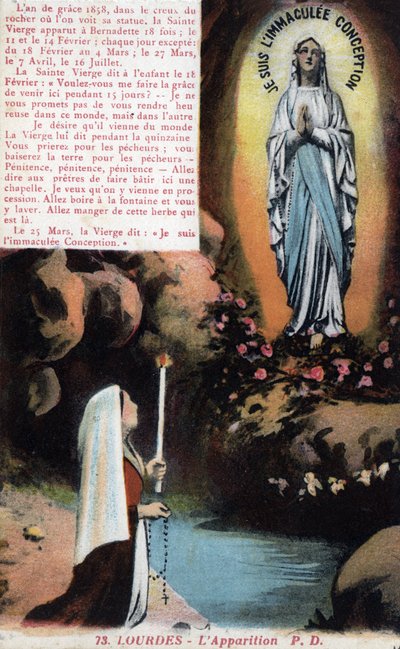 Appearance of the Virgin Mary to Bernadette Soubirous in the cave of Lourdes - Hautes Pyrenees (65) postcard around 1900. by Anonymous Anonymous