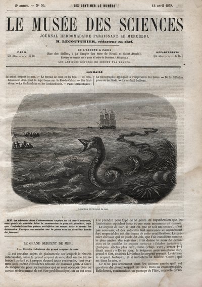Appearance of the sea snake. Engraving from 1858. One of the 