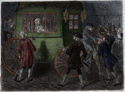 Arrest of Louis XVI (1754-1793) and his fleeing family in Varennes on 21 June 1791. Engraving from 1866 in 
