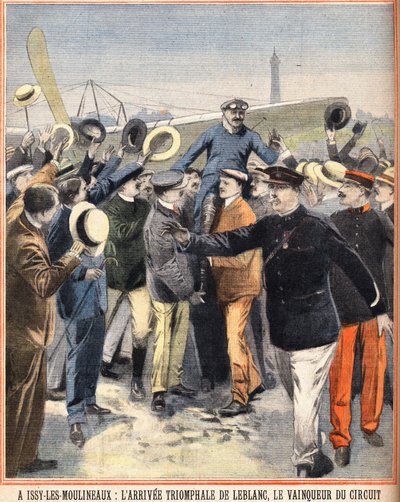 Arrival Triumph by Alfred LeBlanc (1869-1921), French Pilot, Winner of the Air Circuit at Issy Les Moulineaux. Engraving in Le Petit Parisien on 14/08/1910 by Anonymous Anonymous