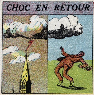 Atmospheric electricity: shock in return. A man is electrocuted because he is in the field of influence of a lightning zone. Anonymous illustration from 1925. Private collection. by Anonymous Anonymous