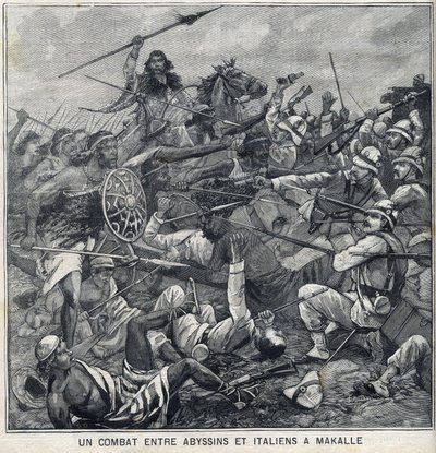 Battle between Abyssins of Menelik II and Italians in Makalle, Ethiopia. Engraving in 