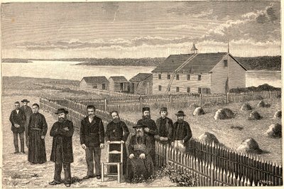 Bishop Isidore Clut, R.P. Le Corre and other members of the Providence Mission in Athabaska Mackenzie in Canada at the end of the 19th century. Engraving in 