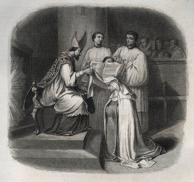 Blessed Mary of the Incarnation (Jeanne Avrillot) (1566-1618) French Mystic Receiving the Veil of Carmelite in 1614. Engraving from 1846 in 