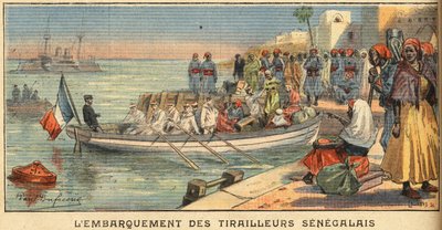 Boarding Senegalese riders with their wife. Engraving from the newspaper Le Petit Parisien, on 03/22/1908. Private collection. by Anonymous Anonymous