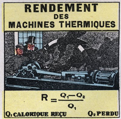 Calorimetry: efficiency of thermal machines. Anonymous illustration of 1925. Private collection. by Anonymous Anonymous