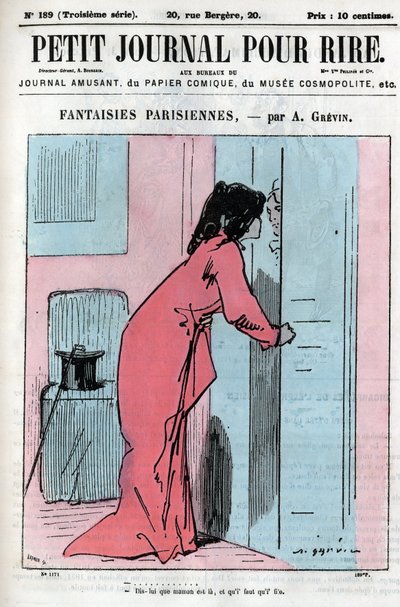 Cartoon About Parisian Couples. A Woman with Her Lover Asks the Maid to Send Her Appointment Back with Another Man: 