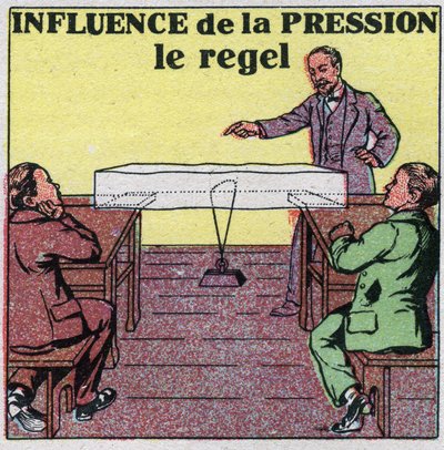 Changes in states: influence of pressure on fusion. Experience the regel or a wire stretched by a weight passes through a piece of ice without breaking it. Anonymous illustration from 1925. Private collection. by Anonymous Anonymous
