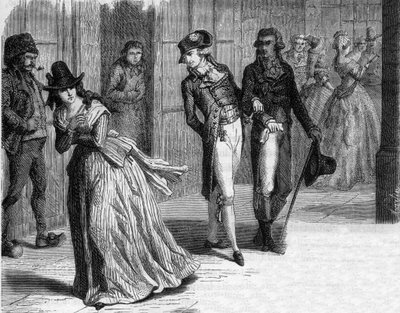 Charlotte Corday at the knife maker Badin, under the arcades of the Palais-Royal in 1793 - Engraving in 