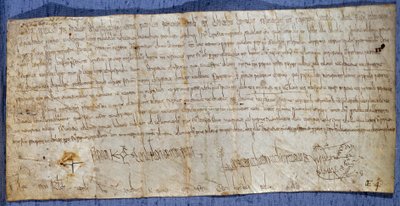 Charter of King Charlemagne (Charles I, Charles the Great or Carolus Magnus) (742-814) exempting the abbey of Saint Denis from tolling fees during the fair. End of the 8th century. Paris, National Archives by Anonymous Anonymous