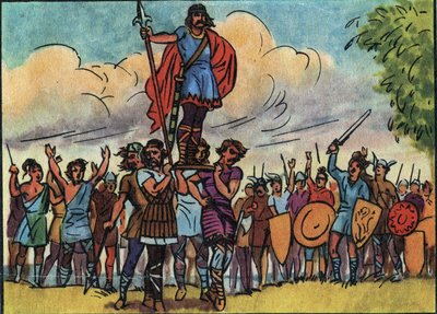 Clovis (king of the Francs from 481 to 511) was elected king by the Salians who carried him on the bulwark (shield) while touring the camp. Anonymous illustration in Collection des souverains et chefs d