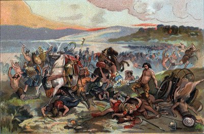 Conquest of Gaul: the battle of Presles in 60 BC opposing the people of the Nervians led by Boduognat to the Roman army of Julius Caesar. Advertising chromolithography of Antoine chocolates in Brussels, beginning of the 20th century. Private Collection by Anonymous Anonymous