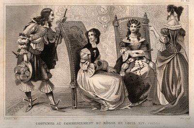 Costumes at the beginning of the reign of Louis XIV (1650). Engraving from 1859 in Le Monde. History of all peoples from the most remote times to the present day by M. E. de Lostalot-Bachoue. Private collection. by Anonymous Anonymous