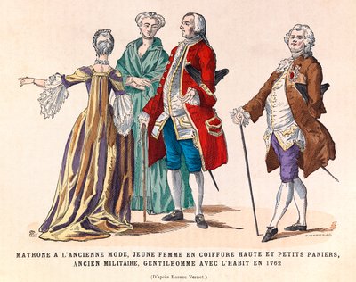 Costumes of an old fashionable matron, a young woman in high hairstyle and small baskets, a former military man and a gentleman in suit in 1762 (reign of King Louis XV) - private collection by Anonymous Anonymous