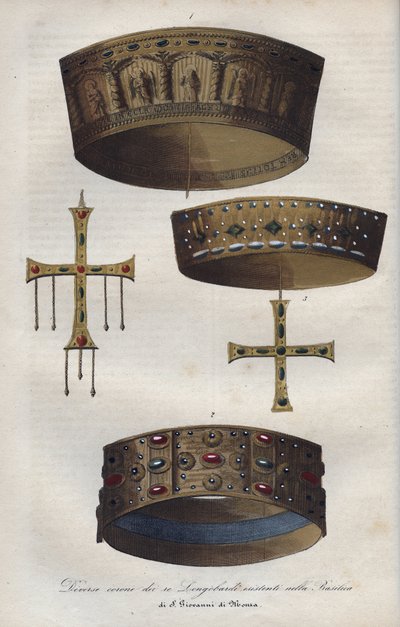 Crowns of the Suverians of the Lombard Kingdom (568-774), preserved in the Basilica of Saint John of Monza - engraving from Usi e Costumi di Tutti i Popoli dell