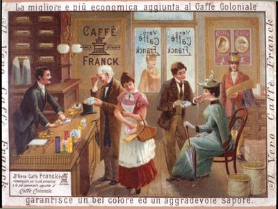 Customers at a grocery store selling coffee. Advertising for the 