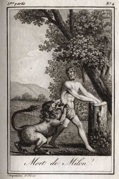 Death of Milon de Crotone devoured by a wolf. Engraving from 1819 in 
